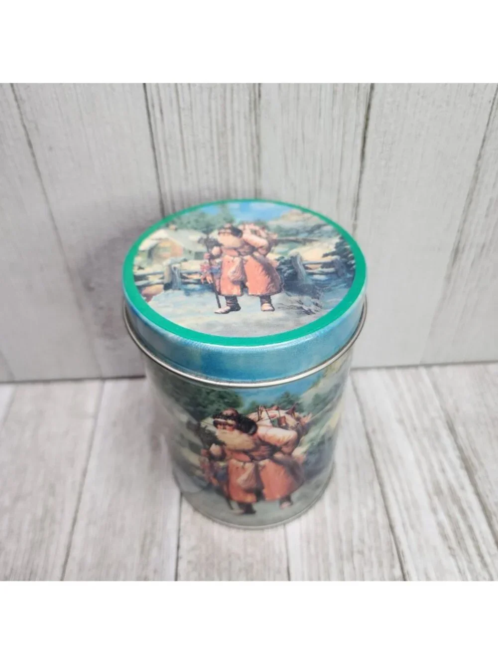 Vintage Christmas Holiday Nesting Tin Container Metal Storage Round 5'' Tall